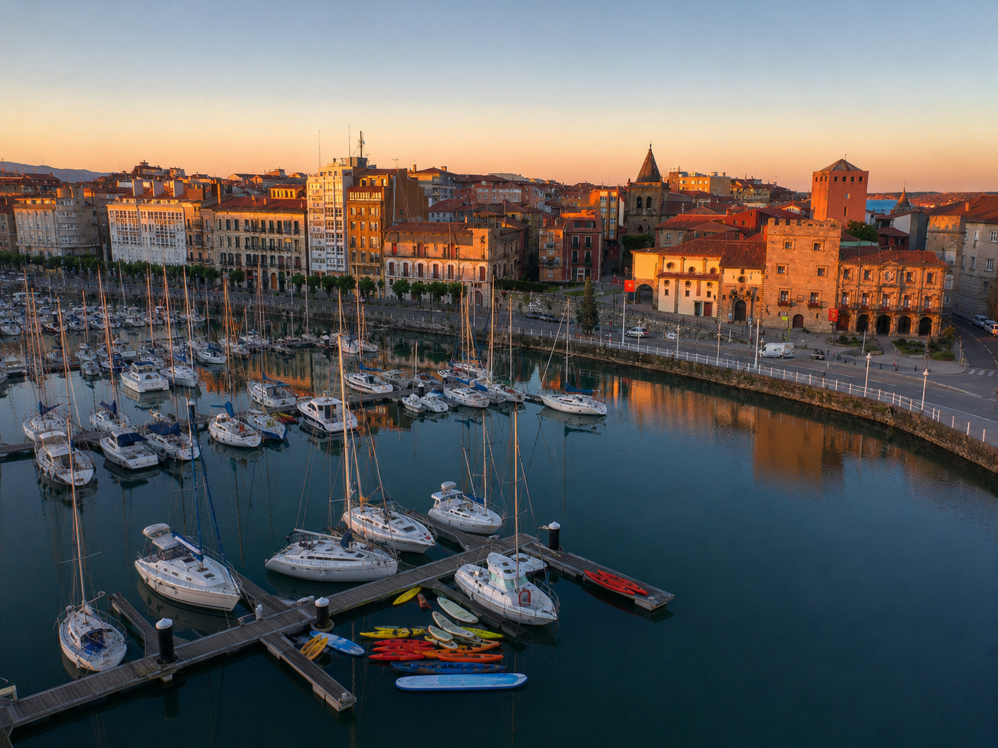 Vista elevada del puerto deportivo y Cimavilla con luz de amanecer